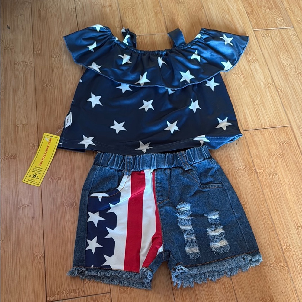 Starry Blue Top and Flag Denim Shorts Set Baby 6-9mo